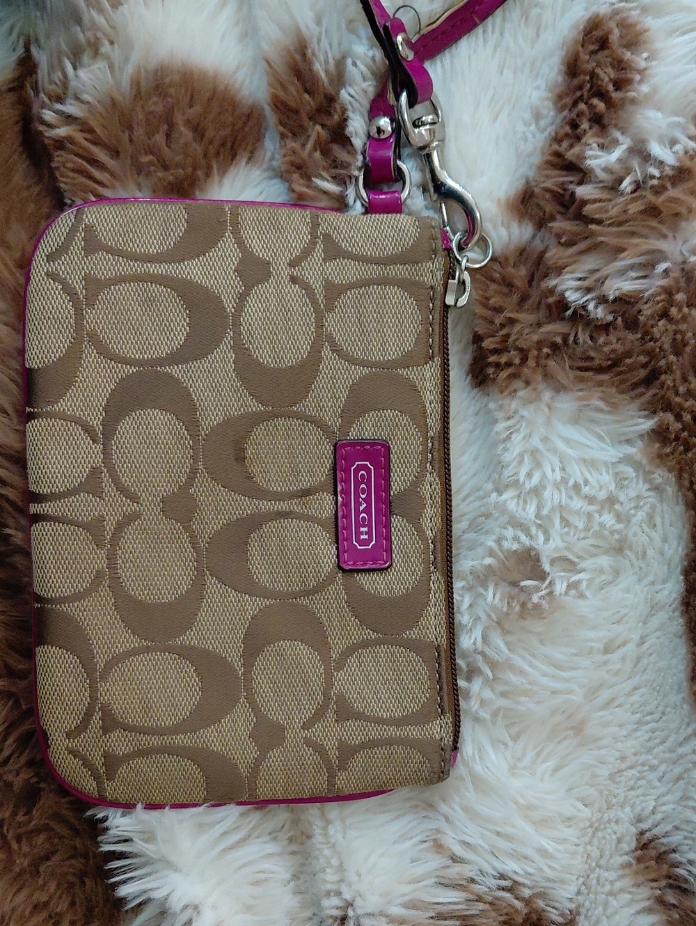 Coach Khaki Signature Canvas Wristlet with Pink Trim